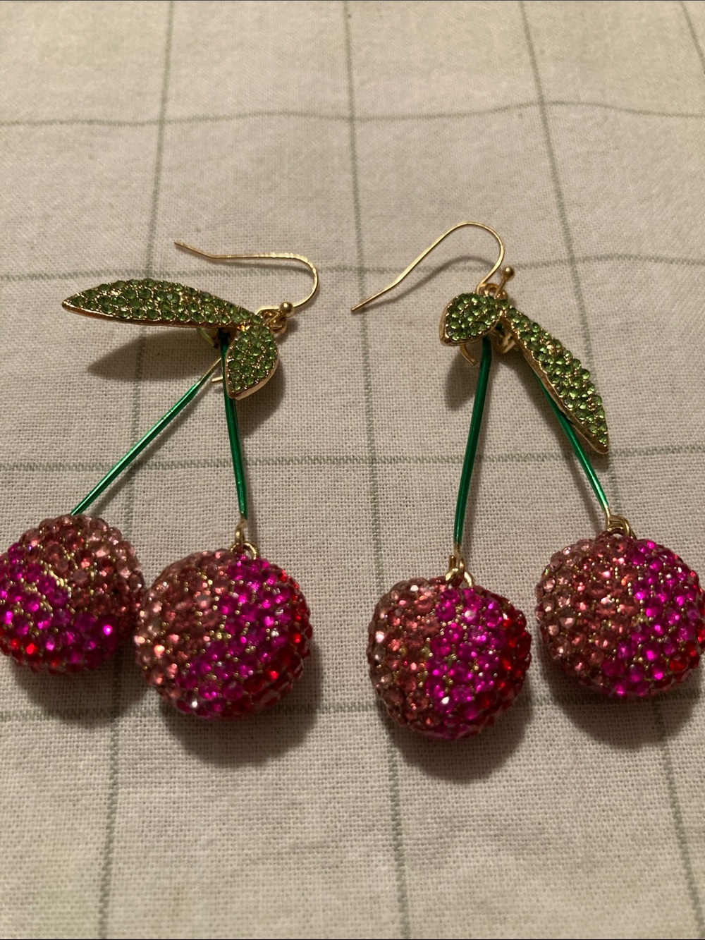 Sparkling Rhinestone Cherry Drop Earrings - Pink & Green